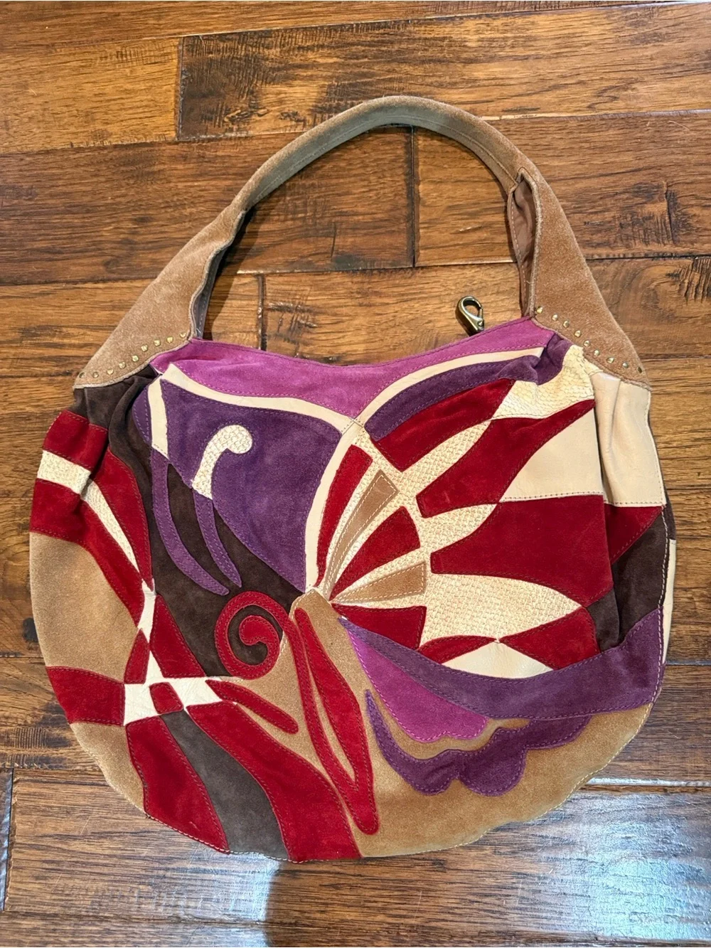 Y2K Vintage Lucky Brand Suede Patchwork Hobo in Red, Purple, Tan, Cream, Brown